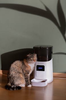 A tabby cat sits beside an automatic pet food dispenser on a wooden floor indoors.