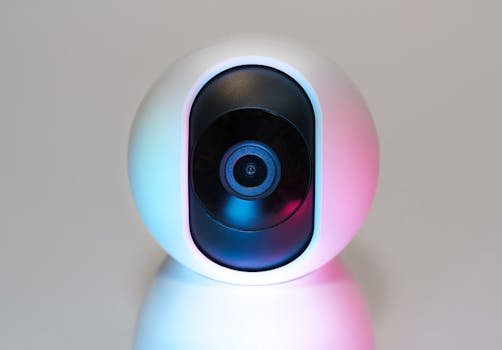 Futuristic IP security camera in soft lighting, perfect for modern smart home setups.